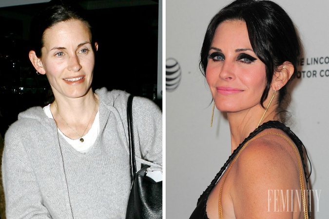 Courteney Cox bez mejkapu (vľavo) a s výrazným mejkapom (vpravo), s ktorým táto inak veľmi krásna žena prehnala