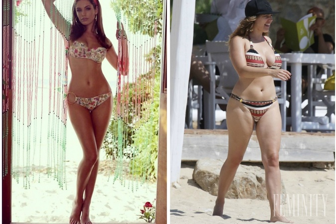 Kelly Brook sa nedávno pochválila touto fotografiou (vľavo), pričom takto ju zachytili len nedávno v civile (vpravo)