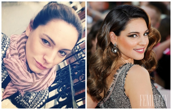 Kelly Brook v civile (vľavo) a na červenom koberci (vpravo)